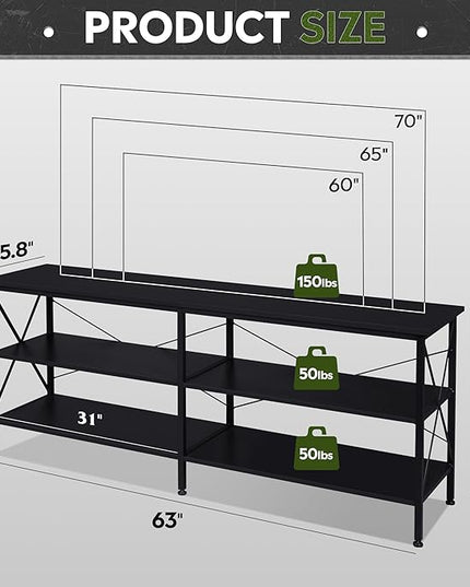 WLIVE TV Stand up to 70 Inch TV, 63" Entertainment Center, TV Media Console with 3-Tier Storage Shelves for Living Room and Bedroom, Black - LeafyLoom