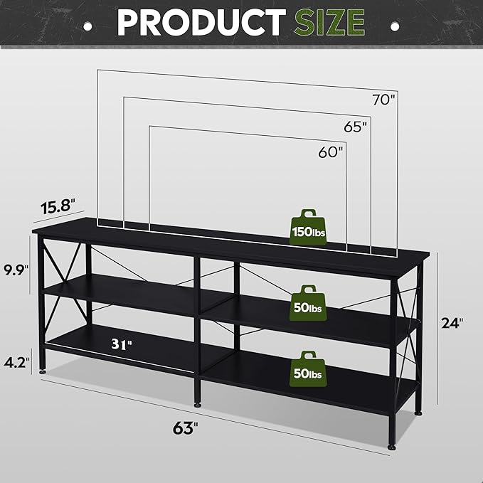 WLIVE TV Stand up to 70 Inch TV, 63" Entertainment Center, TV Media Console with 3-Tier Storage Shelves for Living Room and Bedroom, Black - LeafyLoom