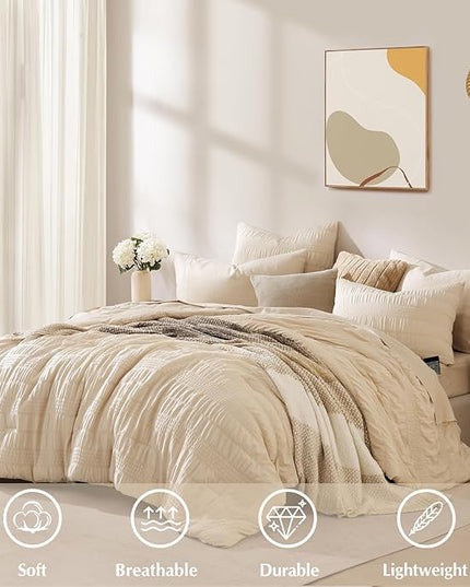CASAAGUSTO Queen Comforter Set, 7 Pieces Beige Seersucker Bed in a Bag Queen Size Soft All Seasons, Bedding Sets with Comforter, Flat Sheet, Fitted Sheet, 2 Pillow Shams, 2 Pillowcases - LeafyLoom