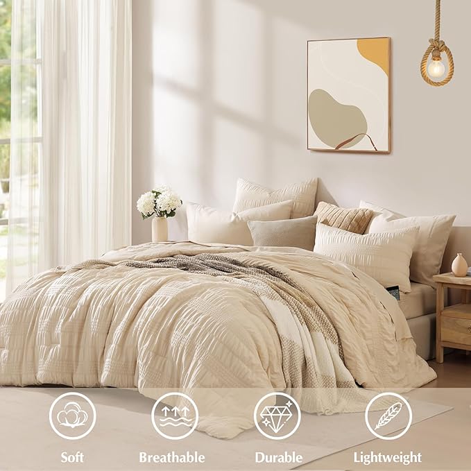 CASAAGUSTO King Size Comforter Set, 7 Pieces Beige Seersucker Bed in a Bag King Soft All Seasons, Bedding Sets King with Comforter, Flat Sheet, Fitted Sheet, 2 Pillow Shams, 2 Pillowcases - LeafyLoom