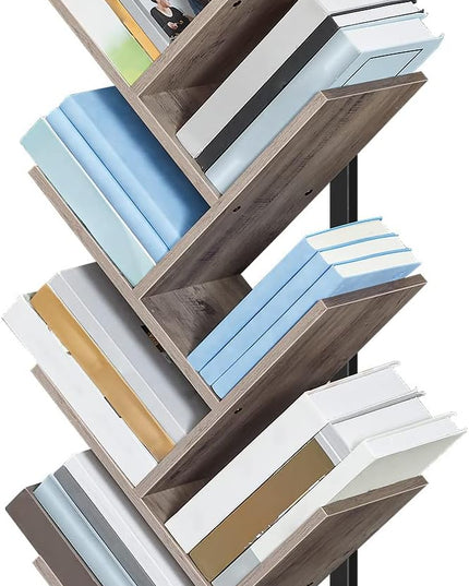 HOOBRO Tree Bookshelf, 9-Tier Bookcase Wooden Shelves, Floor Standing Storage Rack, for Display of CDs, Books in Living Room, Home Office, Wood Storage Rack for Bedroom, Greige BG08SJ01G1 - LeafyLoom