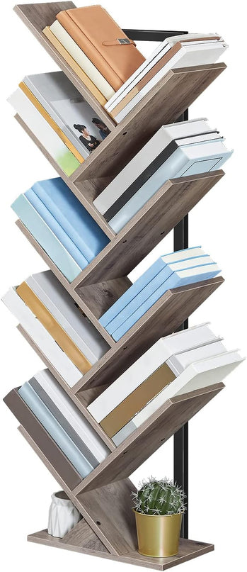 HOOBRO Tree Bookshelf, 9-Tier Bookcase Wooden Shelves, Floor Standing Storage Rack, for Display of CDs, Books in Living Room, Home Office, Wood Storage Rack for Bedroom, Greige BG08SJ01G1 - LeafyLoom