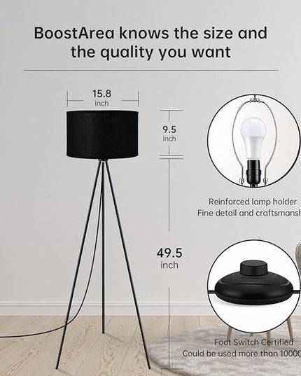 BoostArea Floor Lamp for Living Room, Tripod Floor Lamp, 15W LED Bulb, 3 Levels Dimmable Brightness, Black Linen Lamp Shade, Mid Century Standing Lamp for Living Room, Bedroom, Study Room and Office - LeafyLoom