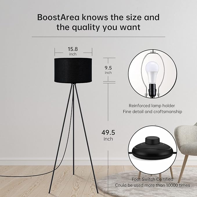 BoostArea Floor Lamp for Living Room, Tripod Floor Lamp, 15W LED Bulb, 3 Levels Dimmable Brightness, Black Linen Lamp Shade, Mid Century Standing Lamp for Living Room, Bedroom, Study Room and Office - LeafyLoom
