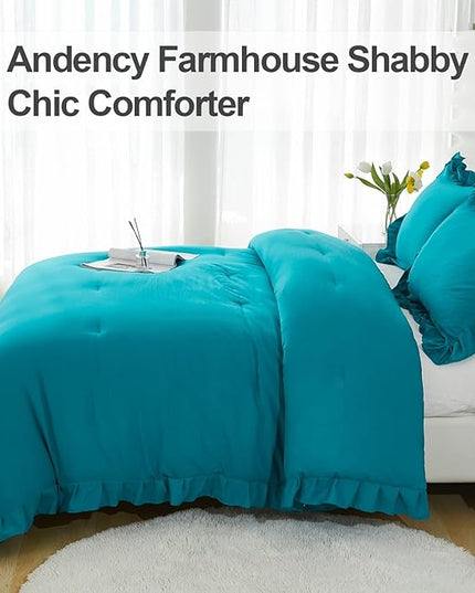 Andency California King Comforter Set Turquoise (104x96Inch), 3 Pieces Cal King Ruffle Comforter, Oversized Farmhouse Shabby Chic Bed Comforter, Lightweight and Soft Microfiber Bedding Set - LeafyLoom