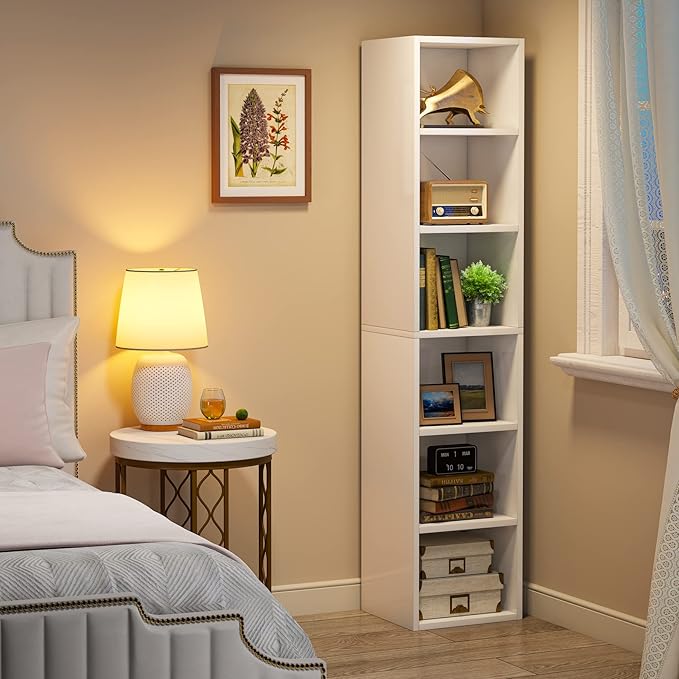 70.9 Inch Tall Narrow Bookcase, Corner Bookshelf 6 Tier Cube Display Shelf Storage Organizer for Small Space, White - LeafyLoom