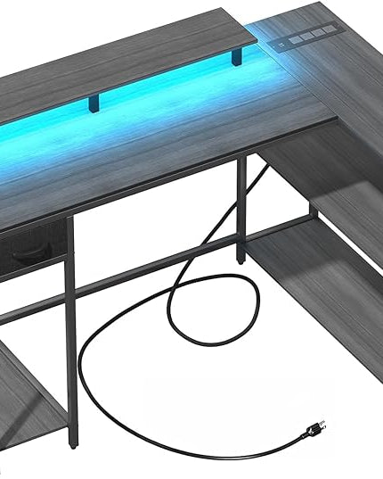 47 Inch L Shaped Desk Gaming Desk with LED Strip & Power Outlet, Reversible L-Shaped Computer Desk with Storage Shelf & Drawer, Corner Desk with Hook & Monitor Stands, Home Office Desk - LeafyLoom