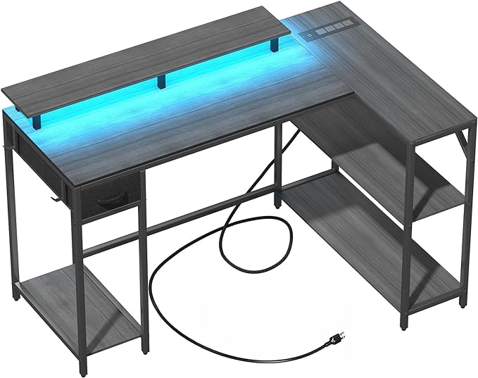 47 Inch L Shaped Desk Gaming Desk with LED Strip & Power Outlet, Reversible L-Shaped Computer Desk with Storage Shelf & Drawer, Corner Desk with Hook & Monitor Stands, Home Office Desk - LeafyLoom