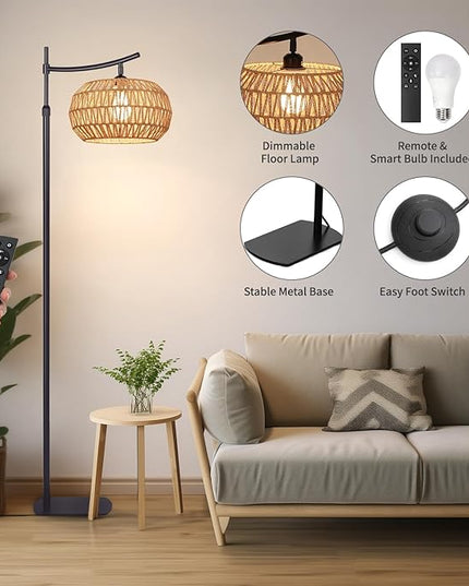 Arc Boho Farmhouse Black Floor Lamp, Standing Lamp with Rattan & Fabric Double Shade with Remote Control, Dimmable LED Bulb with 4 Color Temperature, Tall Pole for Living Room Bedroom Corner Office - LeafyLoom