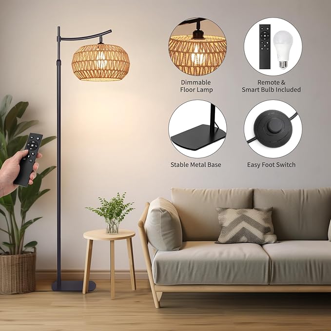 Arc Boho Farmhouse Black Floor Lamp, Standing Lamp with Rattan & Fabric Double Shade with Remote Control, Dimmable LED Bulb with 4 Color Temperature, Tall Pole for Living Room Bedroom Corner Office - LeafyLoom