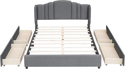 Queen Size Bed Frame with 4 Storage Drawers & Headboard Linen Upholstered Platform Bed Frame Wingback Beds with Sturdy Wooden Slats Support, Easy Assembly, Noise-Free - LeafyLoom
