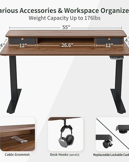 FEZIBO 55 x 24 Inch Height Adjustable Electric Standing Desk with Double Drawer, Stand Up Desk with Storage Shelf, Sit Stand Desk, Blcak Walnut - LeafyLoom