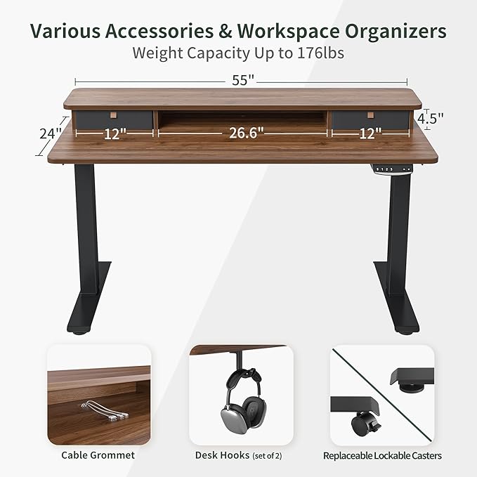 FEZIBO 55 x 24 Inch Height Adjustable Electric Standing Desk with Double Drawer, Stand Up Desk with Storage Shelf, Sit Stand Desk, Blcak Walnut - LeafyLoom