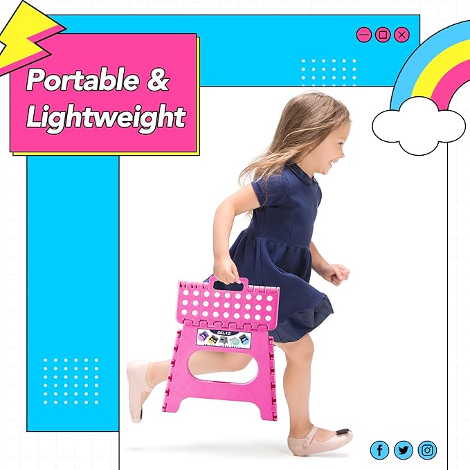 Delxo Folding Step Stool,11 Inch Non-Slip Foldable Step Stools for Kids and Adults,Portable Foldable Step Stool Lightweight Small Folding Stool with Handle for Kitchen Bathroom in Pink,1 Pack - LeafyLoom