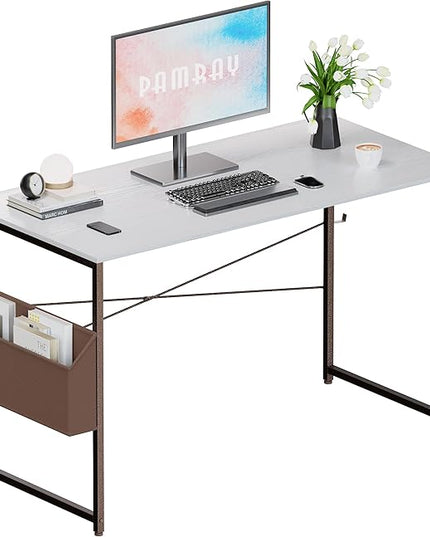 Pamray 47 Inch Computer Desk Small Spaces Desk with Storage Bag for Bedroom Writing and Home Office Work Small Study Desk Table White - LeafyLoom