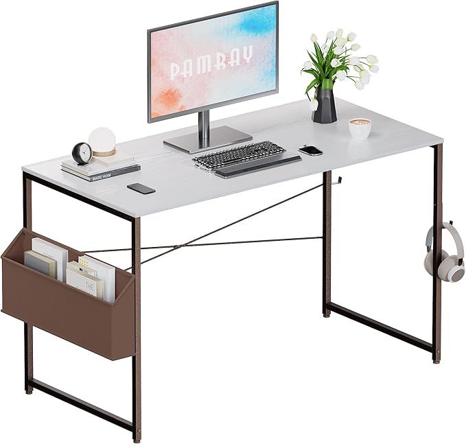 Pamray 47 Inch Computer Desk Small Spaces Desk with Storage Bag for Bedroom Writing and Home Office Work Small Study Desk Table White - LeafyLoom
