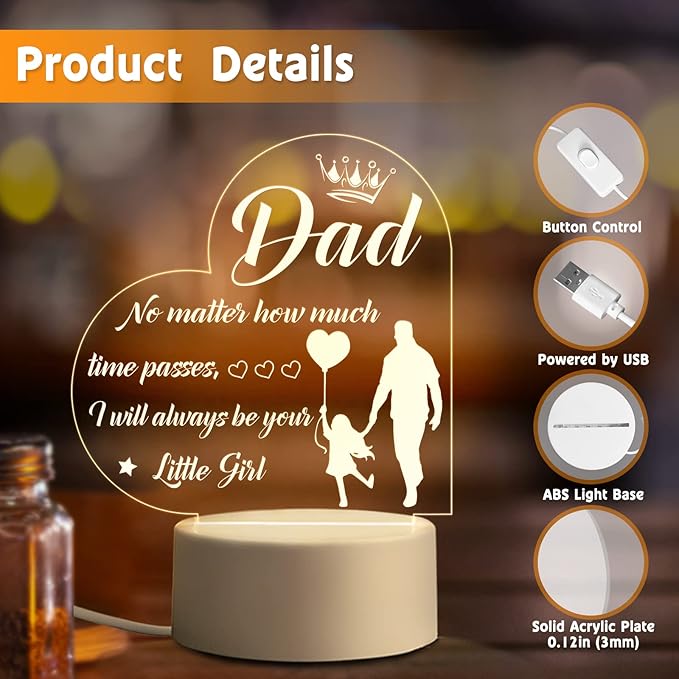 BeneCharm Fathers Day Night Light Gifts for Dad from Daughter and Son, Gifts for Dads Who Have Everything, Dad Birthday Gifts, Best Dad Ever Gifts- Engraved Night Light with Base - LeafyLoom