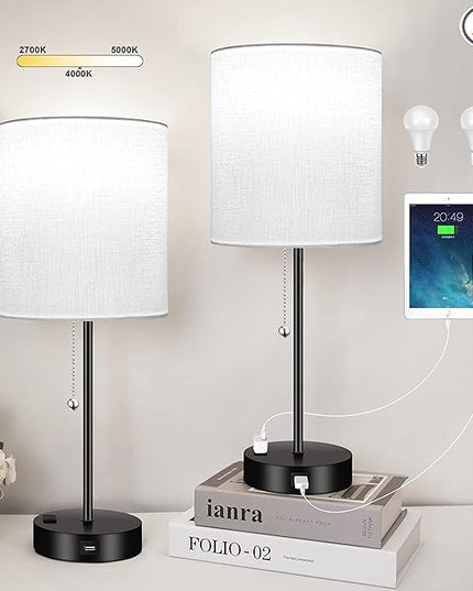 3 Color Temperature Bedside Table Lamps Set of 2, Modern Small Lamp with USB and Outlet, Bedroom Lamp for Nightstand with Chain Switch, White Desk Lamp for Living Room, Two Bulbs Included - LeafyLoom