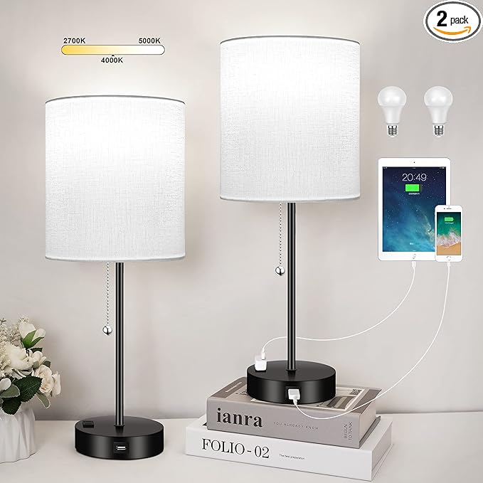 3 Color Temperature Bedside Table Lamps Set of 2, Modern Small Lamp with USB and Outlet, Bedroom Lamp for Nightstand with Chain Switch, White Desk Lamp for Living Room, Two Bulbs Included - LeafyLoom