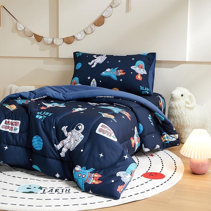 beeweed 5 Piece Kid Comforter Set Twin Size, Space Rocket & Astronaut Bedding Set for Teen Boys Girls - LeafyLoom