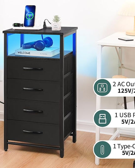 Yoobure Night Stand - LED Black Nightstand with Charging Station, Bedside Table with 4 Storage Drawers and Storage Shelf, End Table with USB Ports and Outlets, Fabric Tall Dresser for Bedroom - LeafyLoom