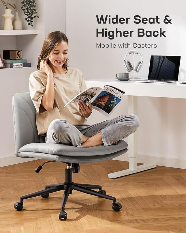 Marsail Armless-Office Desk Chair with Wheels: PU Leather Cross Legged Wide Chair,Comfortable Adjustable Swivel Computer Task Chairs for Home,Office,Make Up,Small Space,Bed Room, Grey - LeafyLoom