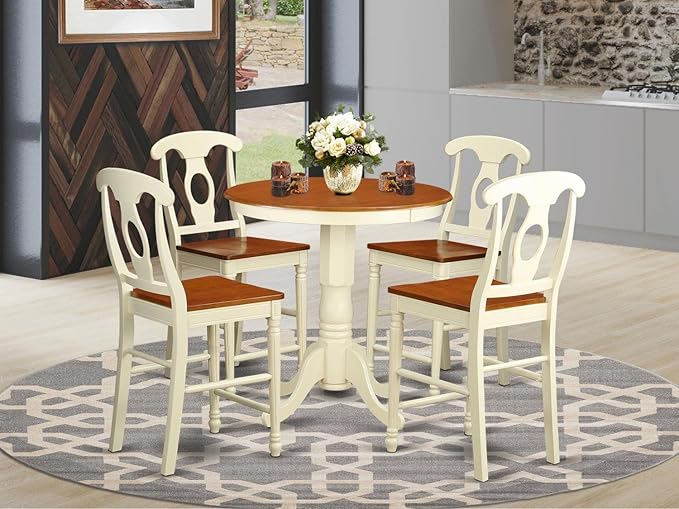East West Furniture EDKE5-WHI-W Eden 5 Piece Kitchen Counter Set Includes a Round Room Table with Pedestal and 4 Dining Chairs, 30x30 Inch, Buttermilk & Cherry - LeafyLoom