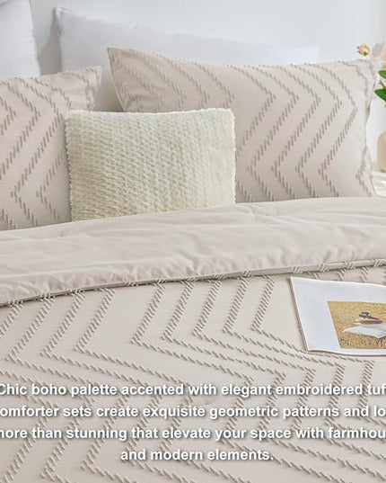 CozyLux California King Size Comforter Set Beige - 3 Pieces Cal King Boho Tufted Shabby Chic Bedding Comforter Set for All Seasons, Chevron Bedding Sets with Comforter & 2 Pillow Shams - LeafyLoom
