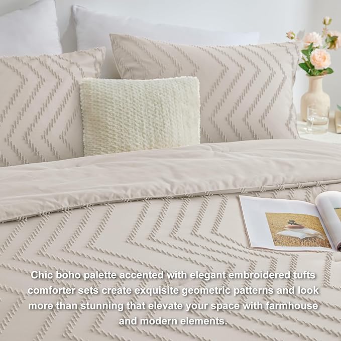 CozyLux Full Size Comforter Set Beige - 3 Pieces Boho Tufted Shabby Chic Bedding Comforter Set for All Seasons, Chevron Bedding Sets with Comforter & 2 Pillow Shams - LeafyLoom