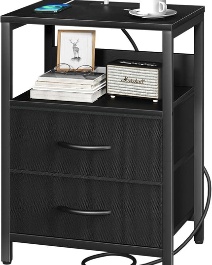Yoobure Nightstand with Charging Station, Small Night Stand with Fabric Drawers and Storage Shelf for Bedrooms, Nightstands for Small Spaces, Bedside Table with USB Ports & Outlets Bed Side Table - LeafyLoom