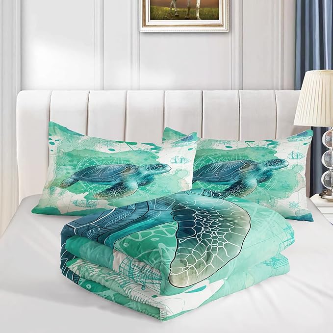 CVHOUSE Sea Turtle Bedding Set,Sea Turtle Comforter Queen,Ocean Bohemia Comforter Set for Boys Kids Girls,Ocean Quilt Set with 1 Comforter and 2 Pillow Cases - LeafyLoom