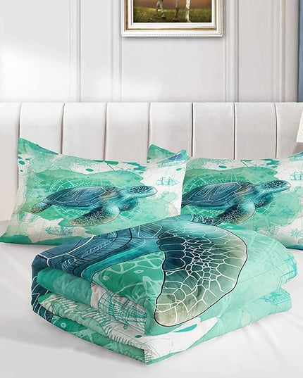 CVHOUSE Sea Turtle Bedding Set,Sea Turtle Comforter King,Ocean Bohemia Comforter Set for Boys Kids Girls,Ocean Quilt Set with 1 Comforter and 2 Pillow Cases - LeafyLoom