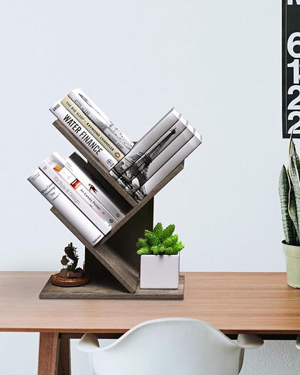 3 Tier Small Tree Bookshelf Storage Organizer Shelves Floor Standing Bookcase Desk Wood Storage Rack for Home Office Living Room Bedroom Display for Book Magazine CD manga Oak Grey - LeafyLoom
