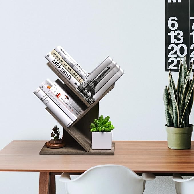 3 Tier Small Tree Bookshelf Storage Organizer Shelves Floor Standing Bookcase Desk Wood Storage Rack for Home Office Living Room Bedroom Display for Book Magazine CD manga Oak Grey - LeafyLoom