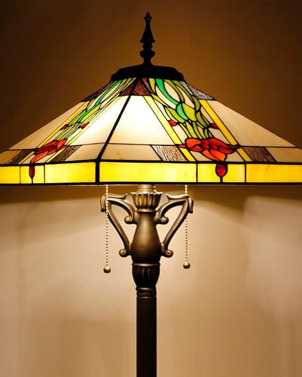 Tiffany Floor Lamp Mission Style Stained Glass Standing Reading Light 16X16X64 Inch Tulip Flower - LeafyLoom