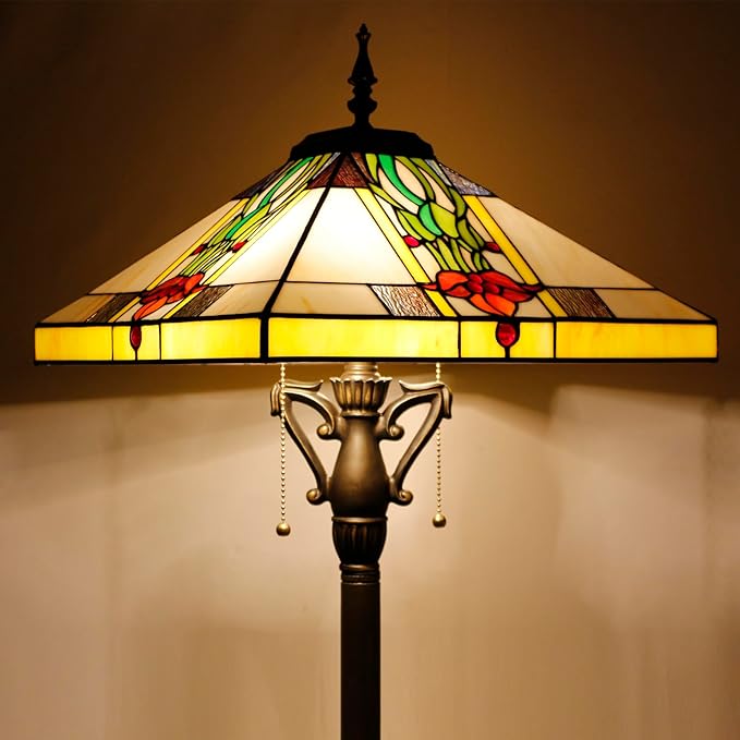 Tiffany Floor Lamp Mission Style Stained Glass Standing Reading Light 16X16X64 Inch Tulip Flower - LeafyLoom