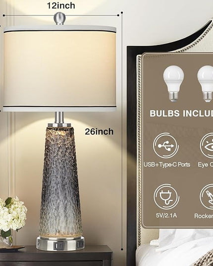 Glass Table Lamp Set of 2, 26" Modern Table Lamps with USB A+C Ports & AC Outlet, Touch Control Bedside Nightstand Lamp with LED Night Light for Living Room Bedroom Home Decor Black(4 Bulbs Included) - LeafyLoom