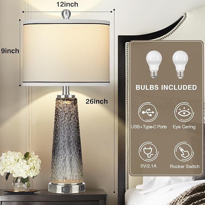 Glass Table Lamp Set of 2, 26" Modern Table Lamps with USB A+C Ports & AC Outlet, Touch Control Bedside Nightstand Lamp with LED Night Light for Living Room Bedroom Home Decor Black(4 Bulbs Included) - LeafyLoom