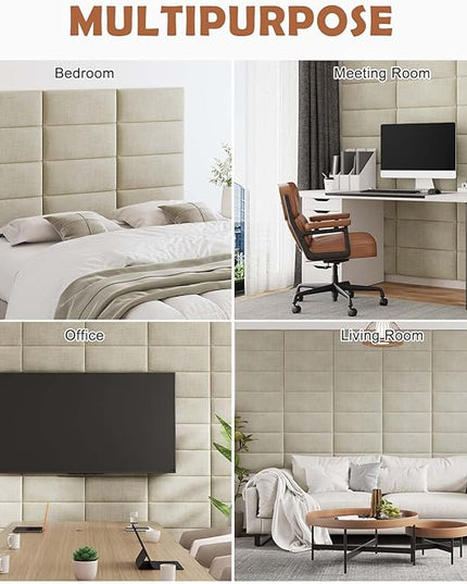 Upholstered Wall Mounted Headboard, 3D Soundproof Wall Panels Peel and Stick Headboard for Queen Size, Reusable and Removable Tufted Bed Headboard in Beige(9 Panels, 10" x 24") - LeafyLoom