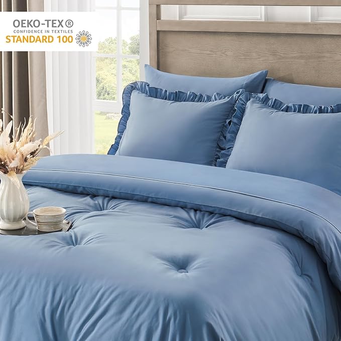 California King Bed in a Bag 7 Pieces Cal King Comforter Set, Ruffle Shabby Chic Bedding Comforter Set Blue Bed Set with Comforter, Pillowcases, Flat Sheet, Fitted Sheet and Pillow Shams - LeafyLoom