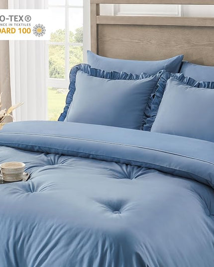 King Size Bed in a Bag 7 Pieces King Size Comforter Set, Ruffle Shabby Chic Bedding Comforter Set Blue Bed Set with Comforter, Pillowcases, Flat Sheet, Fitted Sheet and Pillow Shams - LeafyLoom