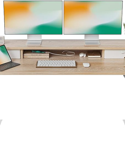 FEZIBO 55 x 24 Inch Height Adjustable Electric Standing Desk with Double Drawer, Stand Up Desk with Storage Shelf, Sit Stand Desk, Maple - LeafyLoom