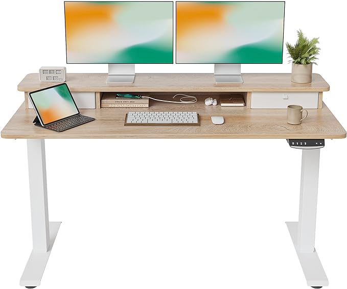 FEZIBO 55 x 24 Inch Height Adjustable Electric Standing Desk with Double Drawer, Stand Up Desk with Storage Shelf, Sit Stand Desk, Maple - LeafyLoom
