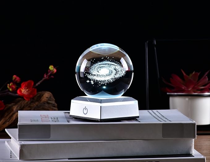 3D Model of Galaxy Crystal Ball, with Led Lamp Stand, Planets Glass Ball, 6 Colors Light, Great Gifts, Home Office Decor, Solar System Sphere with Gift Box - LeafyLoom