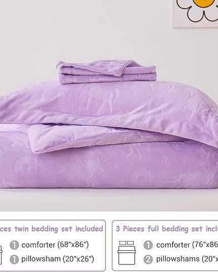 Mooreeke Twin Kids Comforter Bed Set, Embossed Plush Fleece Soft & Warm 2 Piece Bed in A Bag with Shams, Velour Velvet Purple Unicorn Girls Kids Bedding Set, Fluffy Fuzzy Polar Cozy and Stylish - LeafyLoom