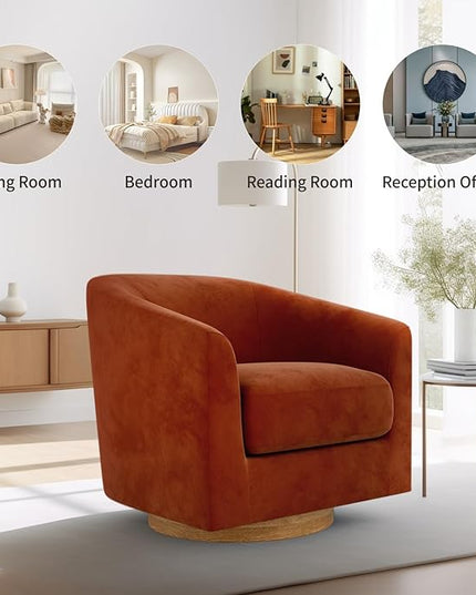 MUUEGM Accent Chair with Arms, 360 Degree Swivel Accent Chair with Wood Base, Modern Barrel Chair for Living Room, Bedroom, Waiting Room, Fully Assembled,Performance Fabric in Mature Brown - LeafyLoom