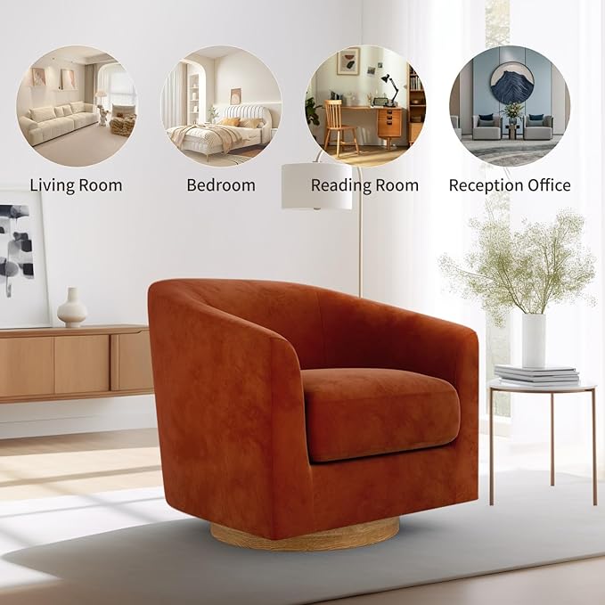 MUUEGM Accent Chair with Arms, 360 Degree Swivel Accent Chair with Wood Base, Modern Barrel Chair for Living Room, Bedroom, Waiting Room, Fully Assembled,Performance Fabric in Mature Brown - LeafyLoom