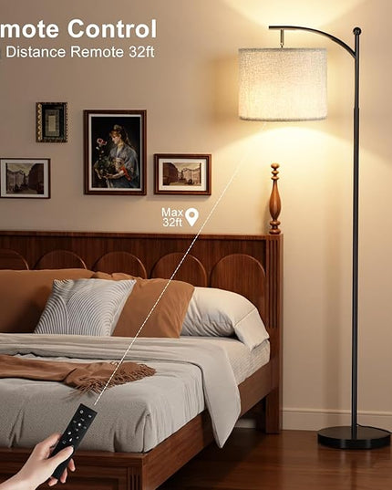 Ambimall Floor Lamp with Remote Control and Stepless Dimmable Bulb, Colors Temperature & Brightness Adjustable, Modern Floor Lamps for Living Room（Grey Shade & Black Pole） - LeafyLoom