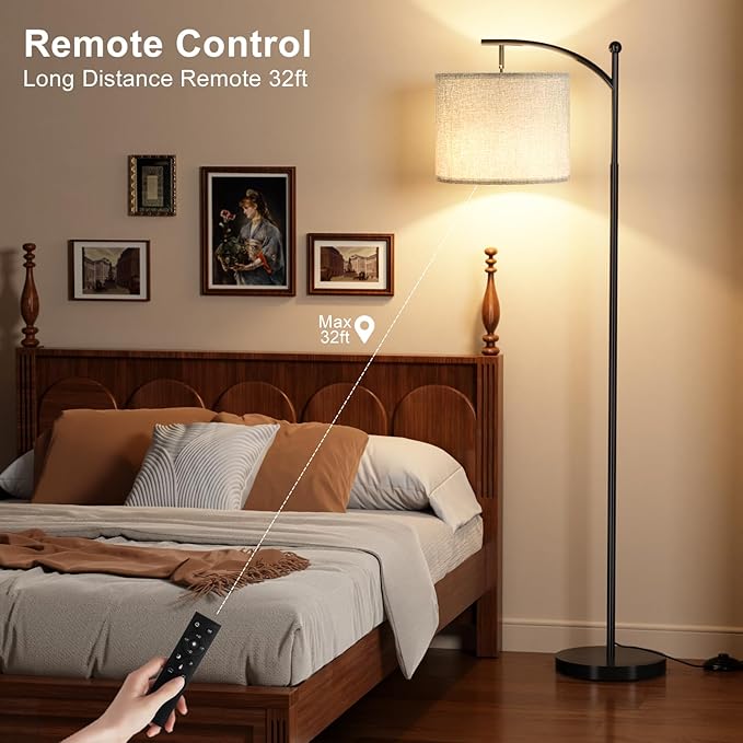 Ambimall Floor Lamp with Remote Control and Stepless Dimmable Bulb, Colors Temperature & Brightness Adjustable, Modern Floor Lamps for Living Room（Grey Shade & Black Pole） - LeafyLoom