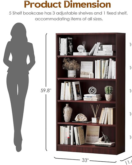 Soohow Mahogany Bookcase,Bookshelf for Bedroom,60 inches Tall Wood Book case Book Shelves,5 Shelf Book Shelves for Living Room Office - LeafyLoom